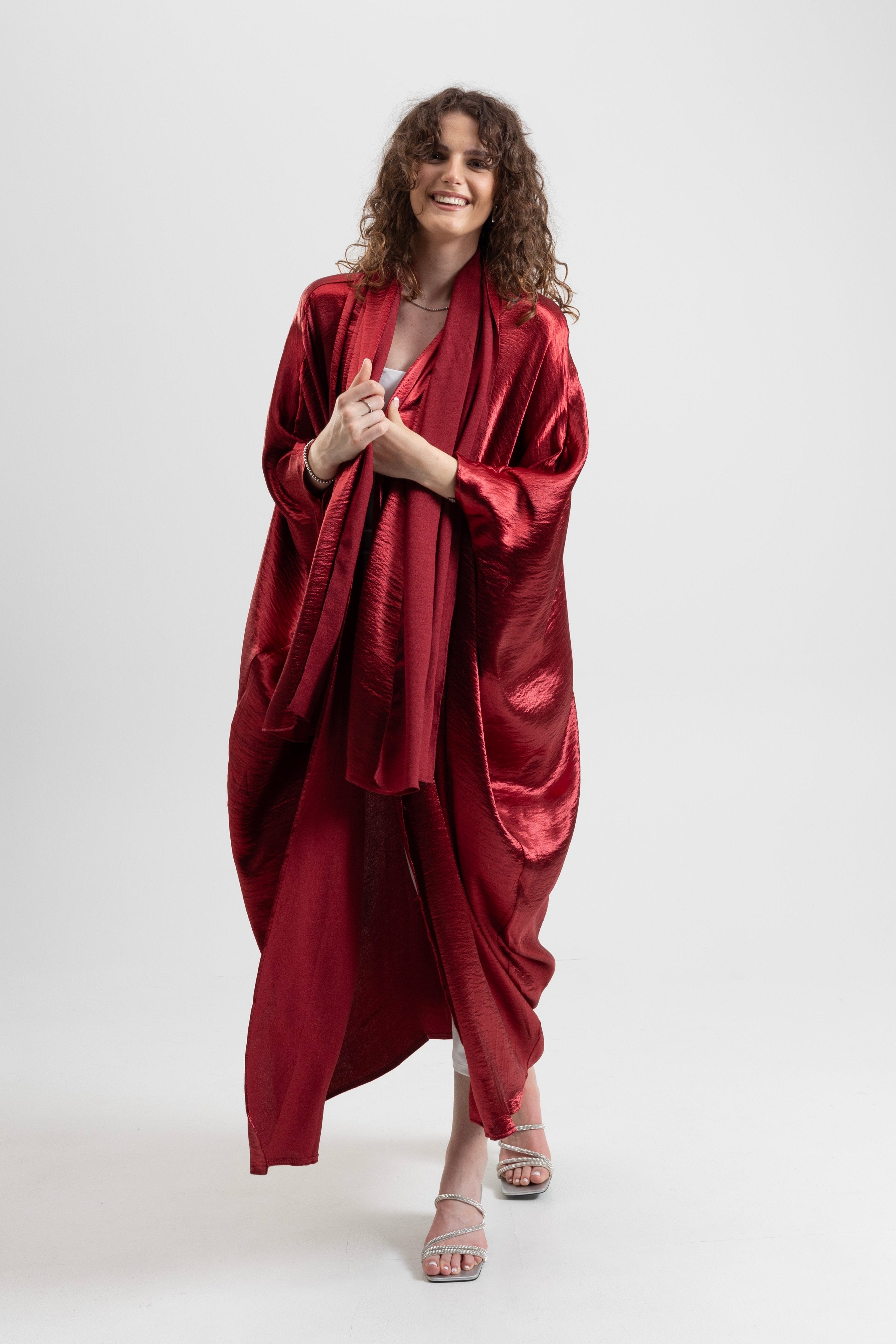 2-Piece Shiny Kimono Set - Wine Red