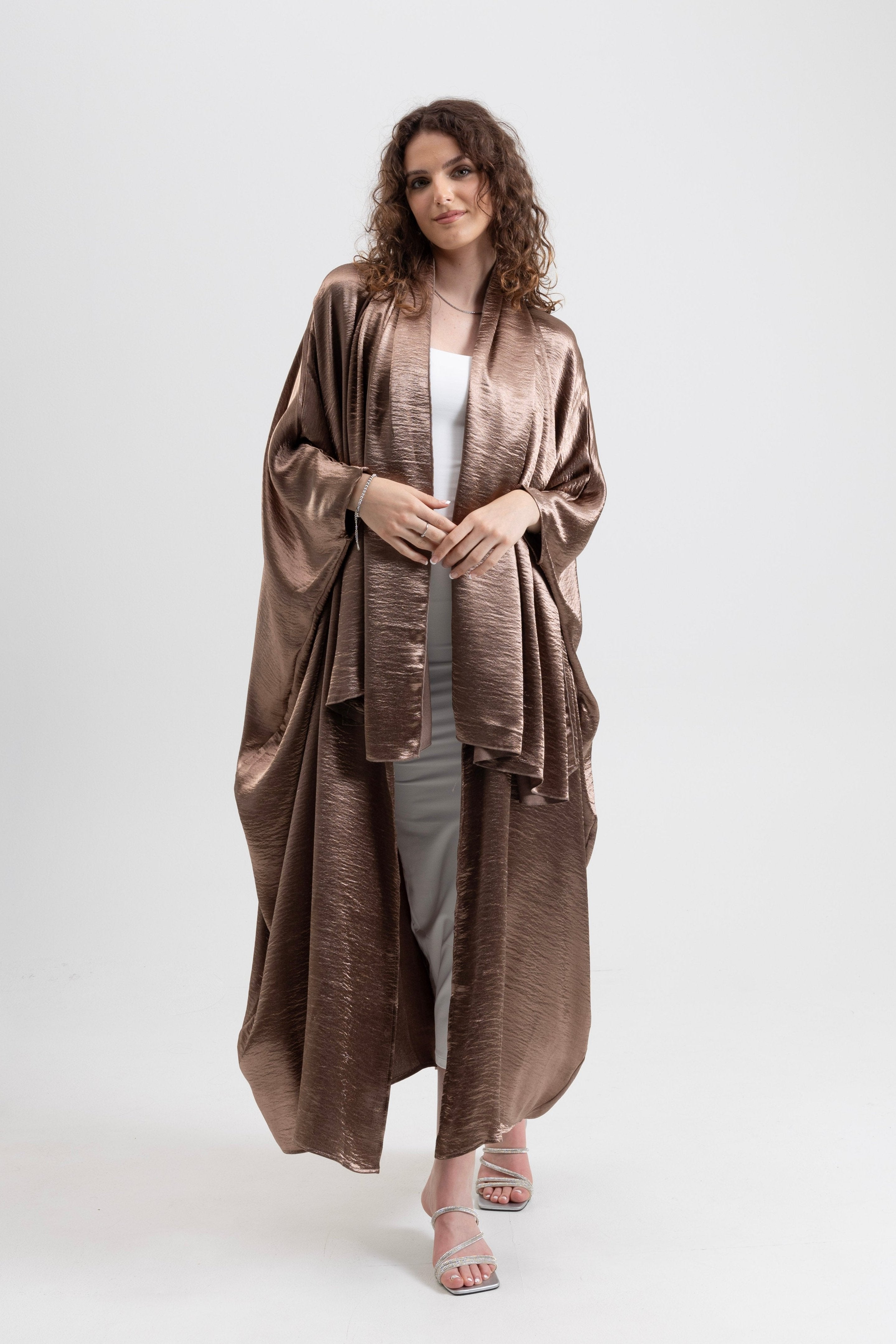 2-Piece Shiny Kimono Set—Taupe
