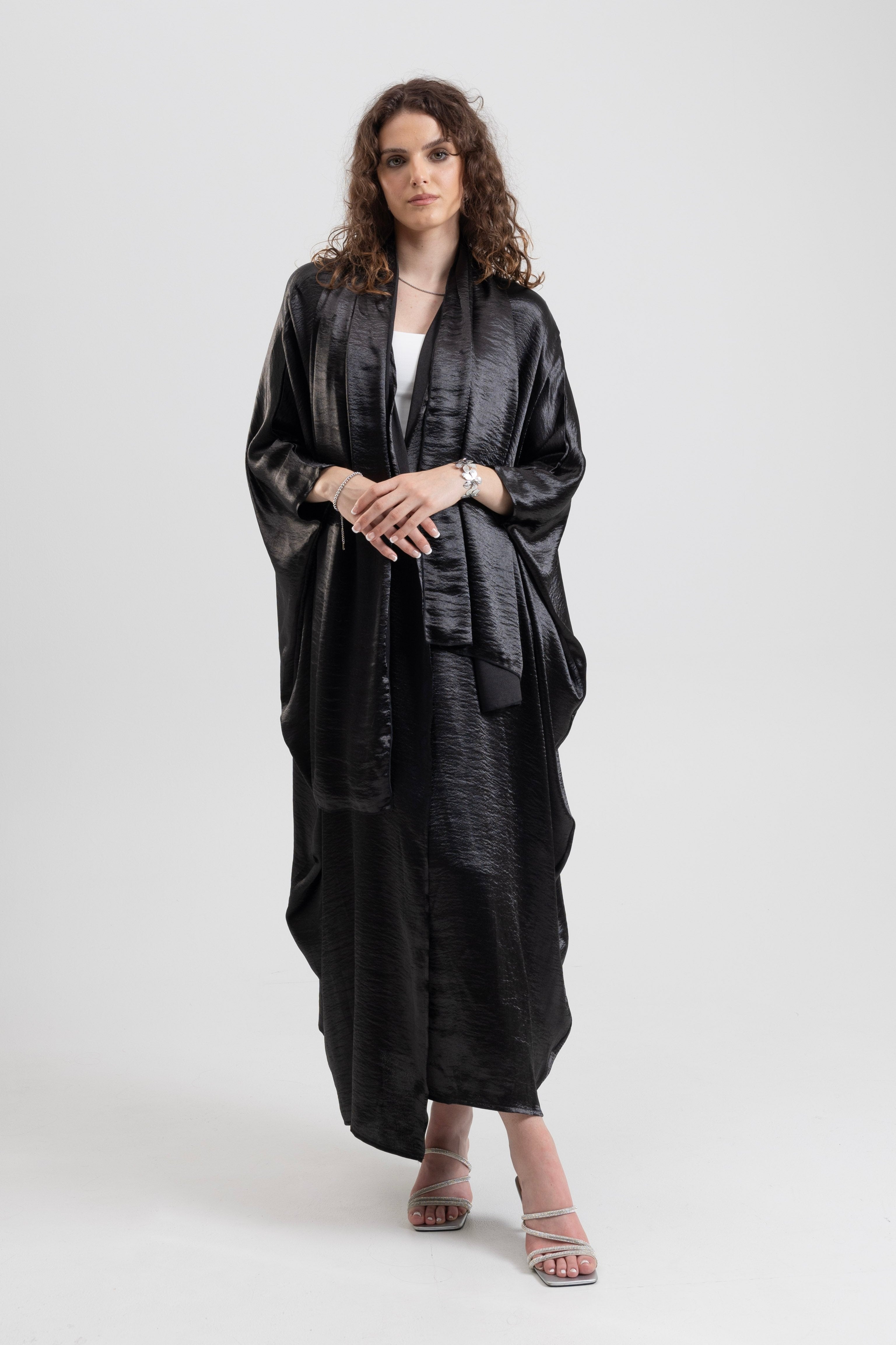 2-Piece Shiny Kimono Set—Midnight Black